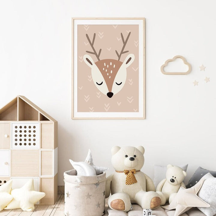 Boho Rainbow Cartoon Reh - lerret veggkunst trykk | Skanto