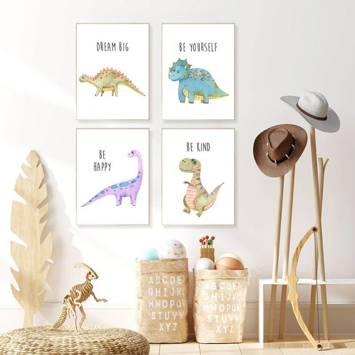 Cartoon Dinosaur Motivation - Lerret Veggkunst Trykk | Skanto