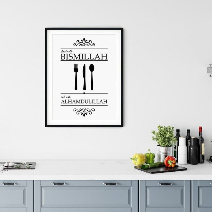 Islamisk Bismillah Alhamdulillah Svart og Hvit Kjøkken - Lerret Veggkunst Trykk