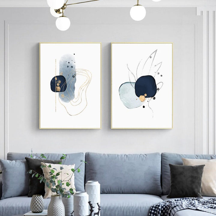 Abstract Blå & Gull Akvarell - Lerret Veggkunst Trykk | Skanto