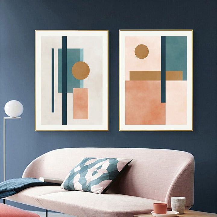 Moderne abstrakt kunstmaleri i beige, rosa og blått med geometrisk form