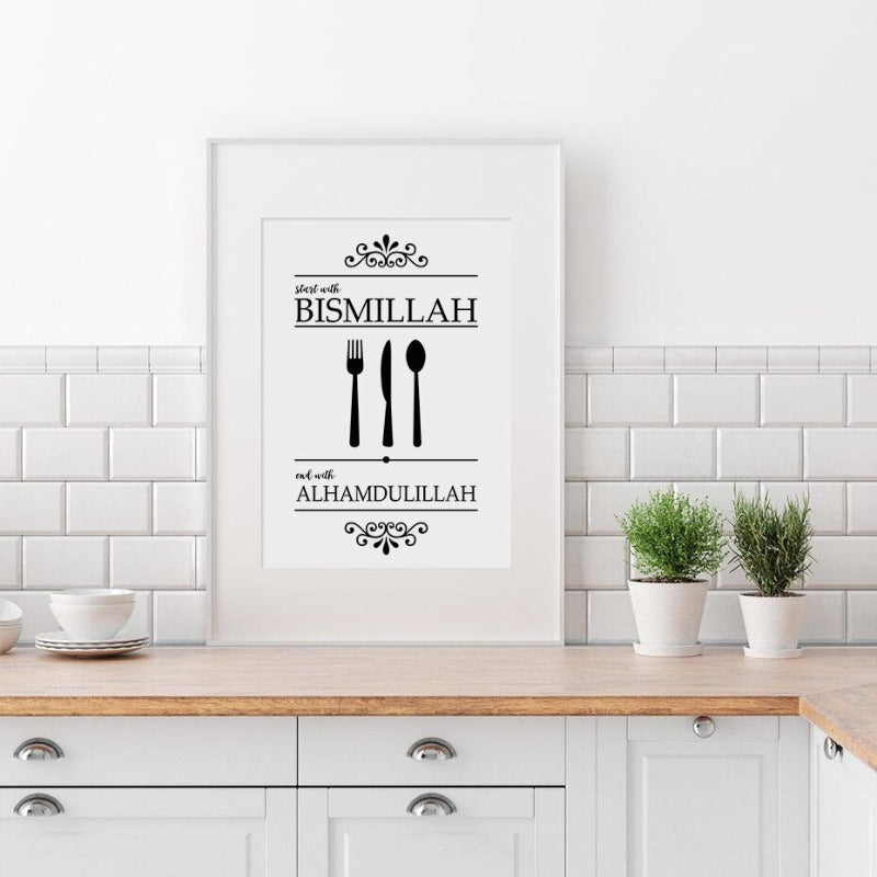Islamisk Bismillah Alhamdulillah Svart og Hvit Kjøkken - Lerret Veggkunst Trykk