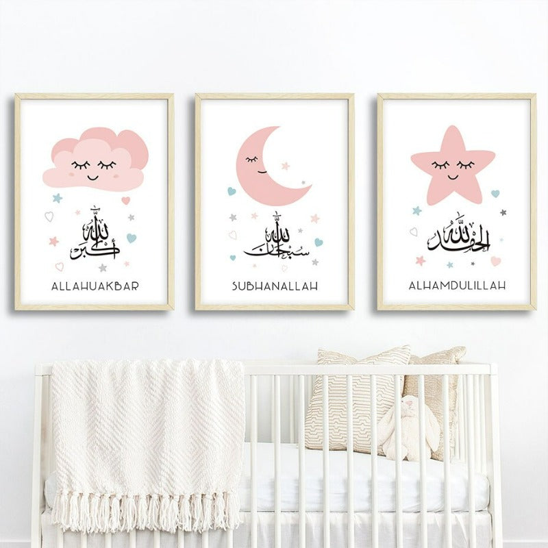 Pink Moon Stars Islamsk Lerret Veggkunst Trykk