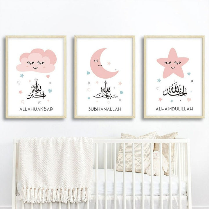Pink Moon Stars Islamsk Lerret Veggkunst Trykk