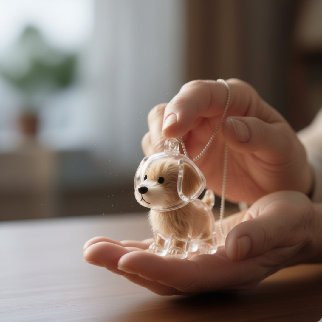 Minnesmykke i pels i hundeform Skanto