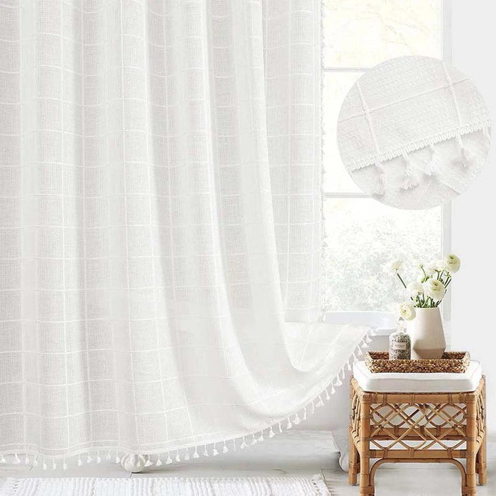 Skanto | Moderne Jacquard Lin Dusjforheng med Frynser (1 stk) │ For Nordisk Bad Dekorasjon
