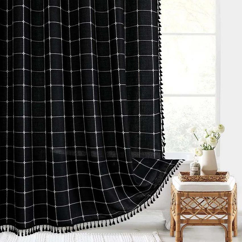 Skanto | Moderne Jacquard Lin Dusjforheng med Frynser (1 stk) │ For Nordisk Bad Dekorasjon