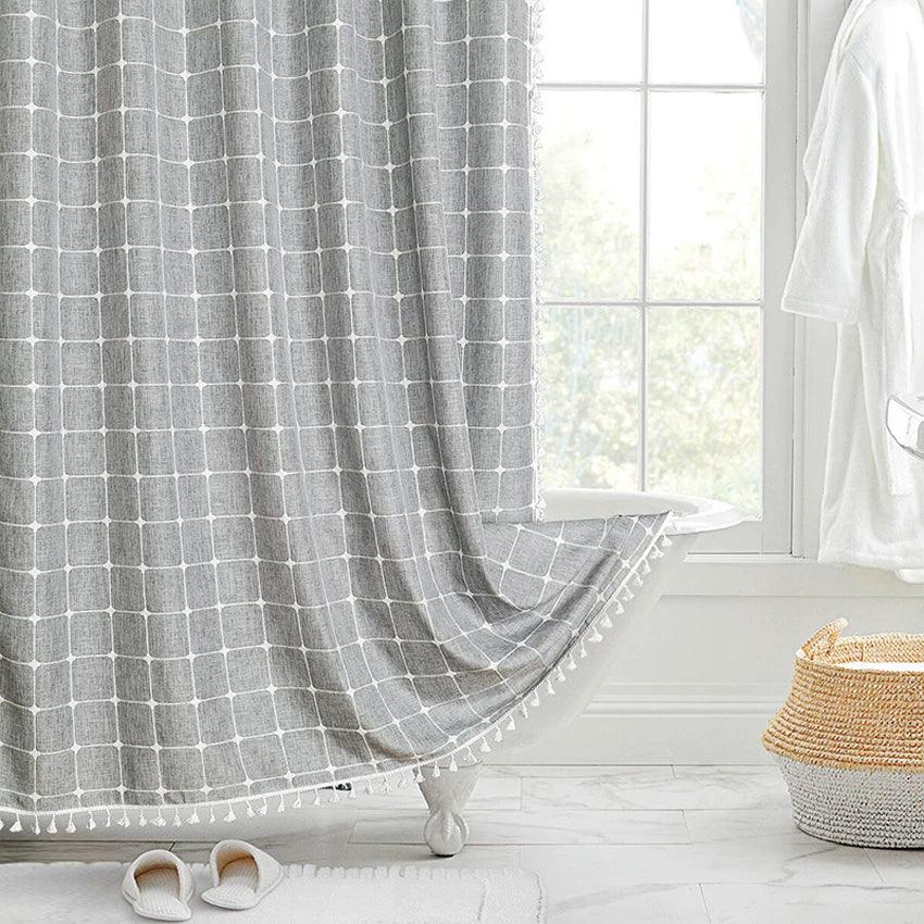 Skanto | Moderne Jacquard Lin Dusjforheng med Frynser (1 stk) │ For Nordisk Bad Dekorasjon