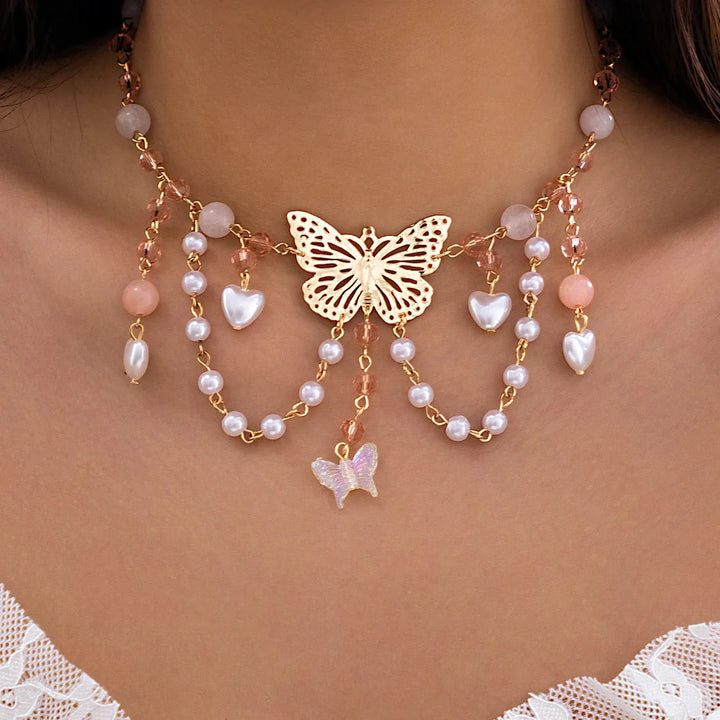 Skanto | Multi Laget Sommerfugl Hjerte Choker Halskjede
