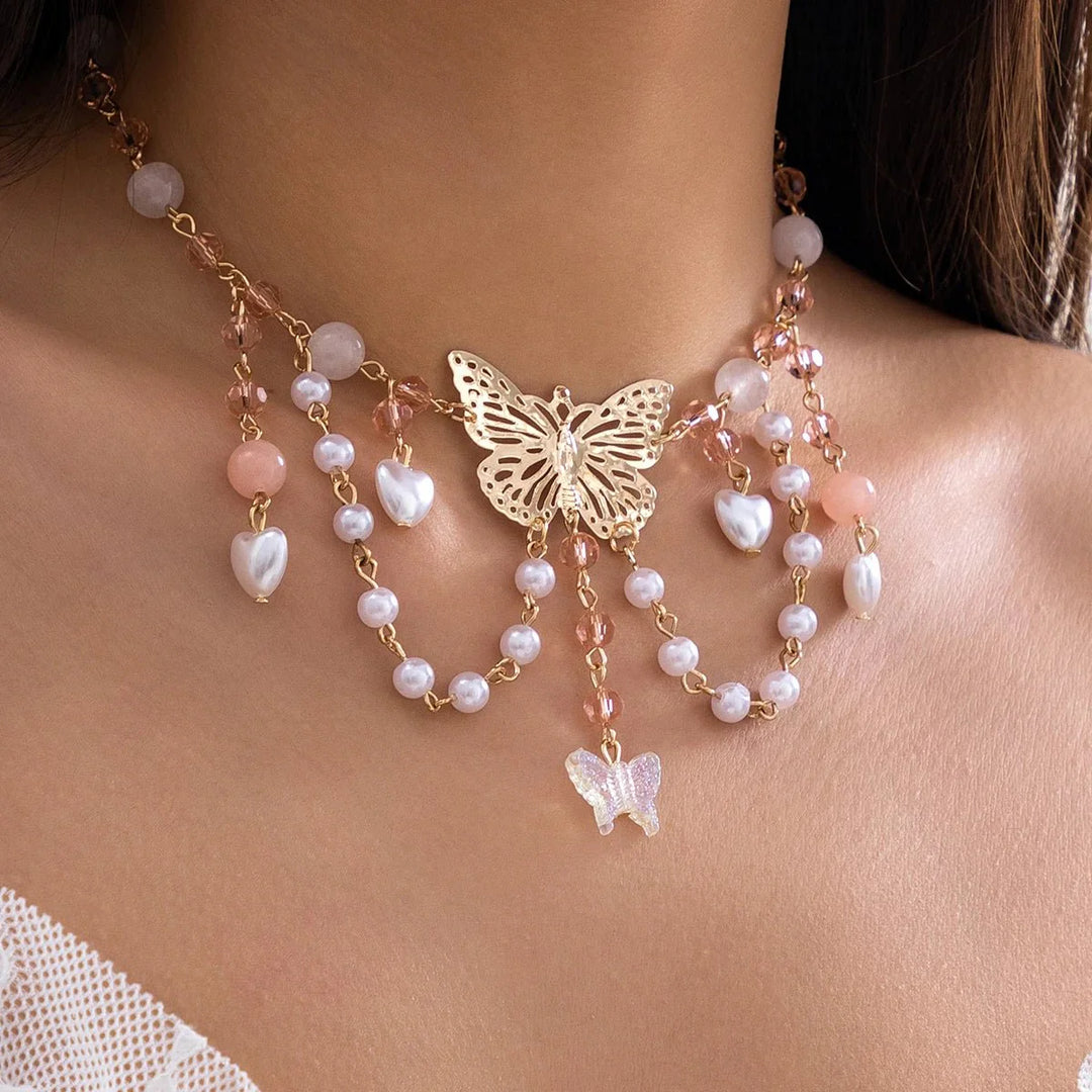 Skanto | Multi Laget Sommerfugl Hjerte Choker Halskjede