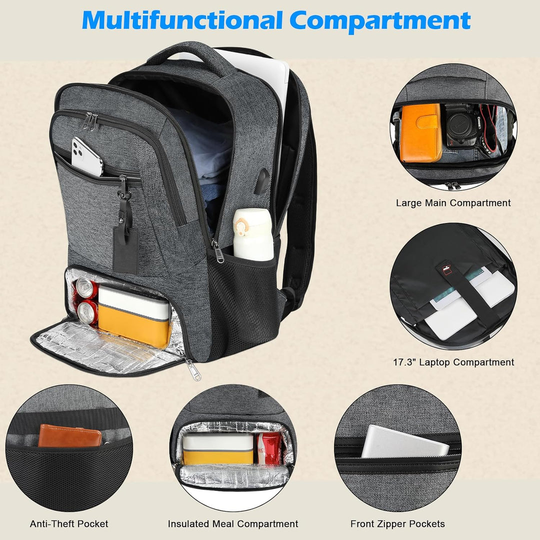 Vanntett Laptop & Lunsj Ryggsekk med USB-port – Multi-kompartments Reisebag | Skanto
