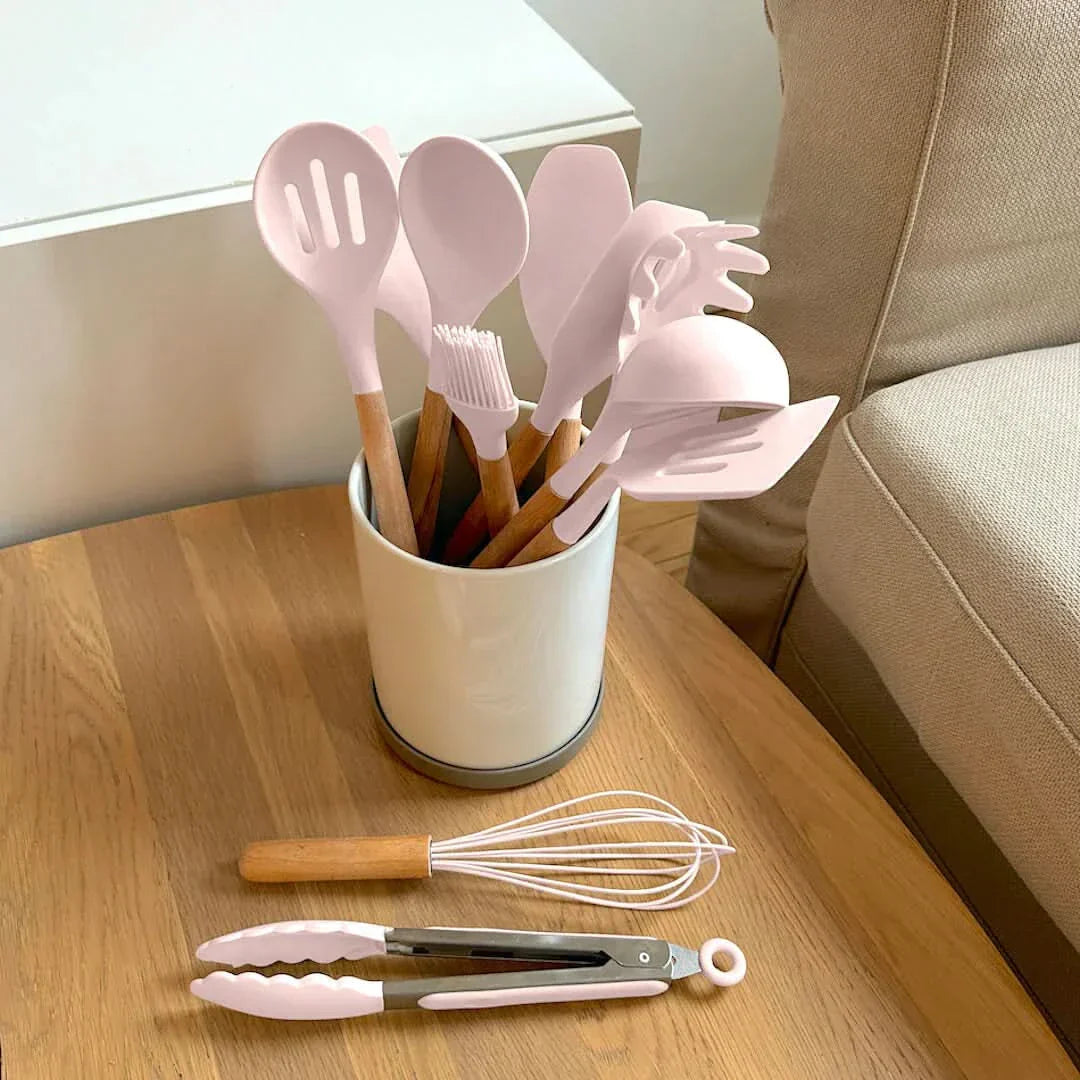 Ungiftiges, BPA-freies Silikon-Kochgeschirr-Set mit Holzgriffen Lattea