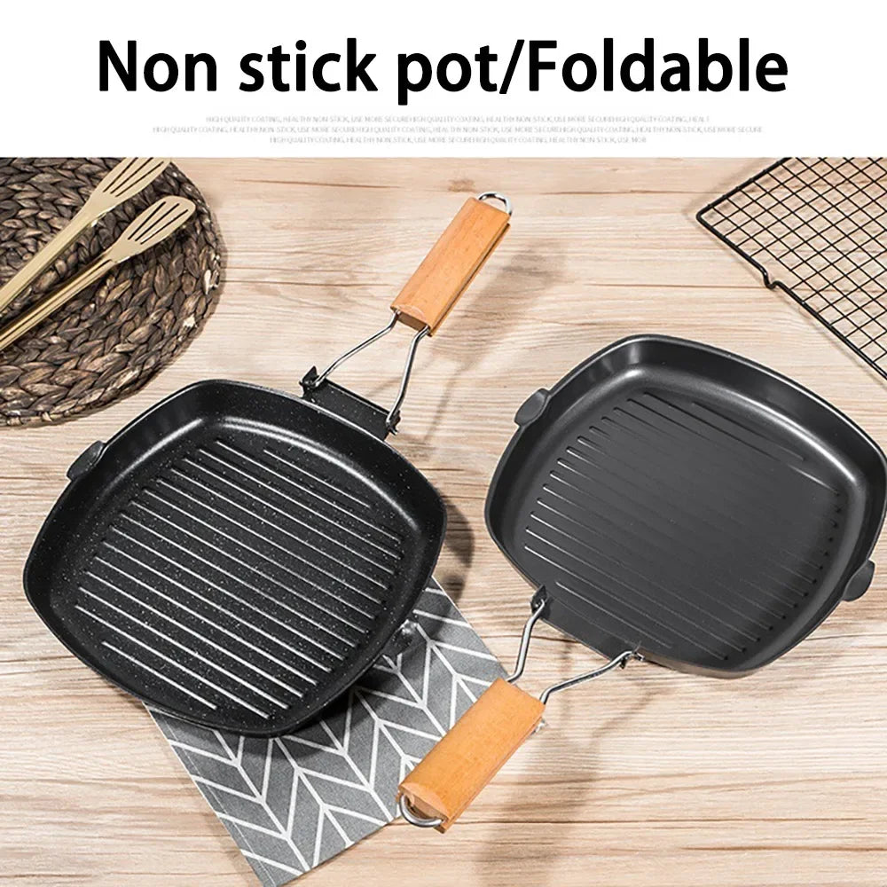 Non-stick støpejern grillpanne sammenleggbar stekepanne med trefork | Skanto