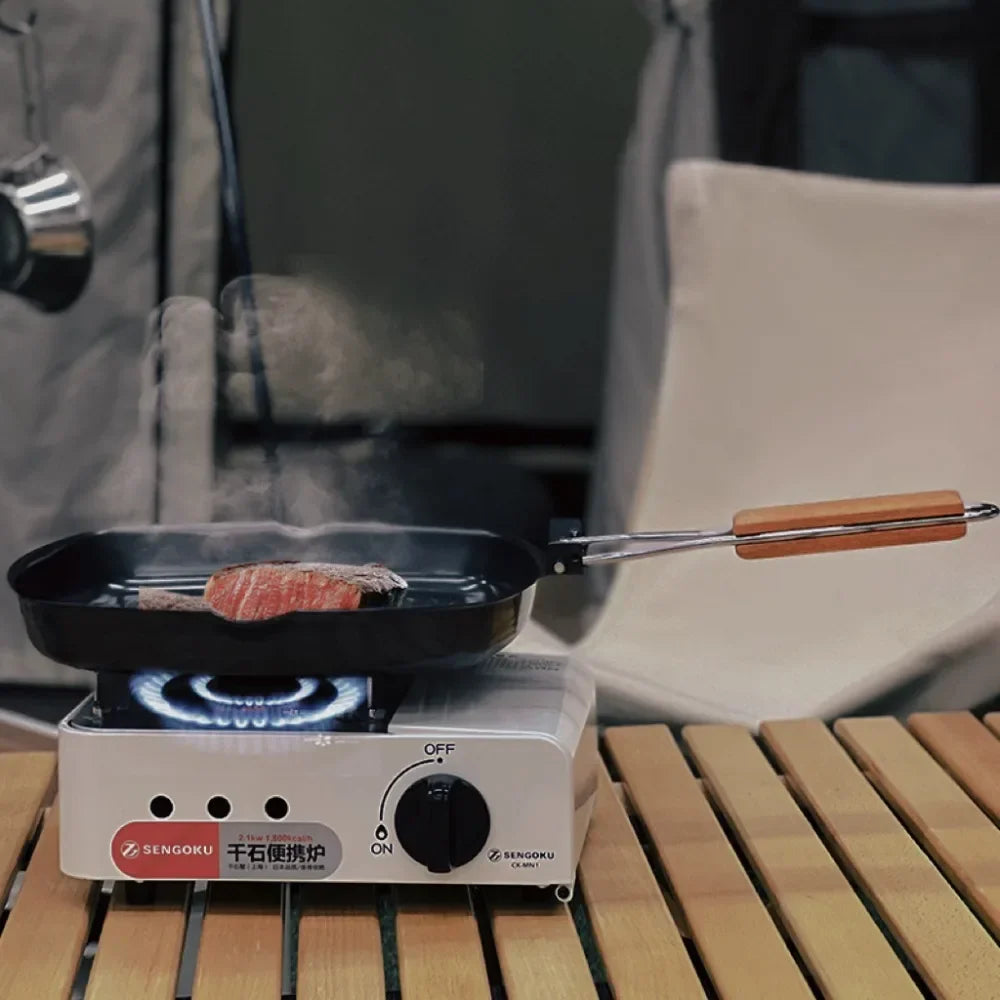 Non-stick støpejern grillpanne sammenleggbar stekepanne med trefork | Skanto