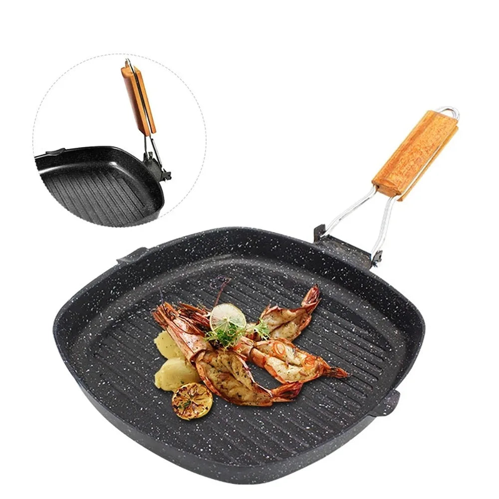 Non-stick støpejern grillpanne sammenleggbar stekepanne med trefork | Skanto
