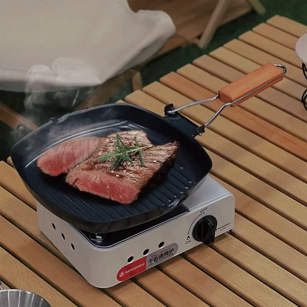 Non-stick støpejern grillpanne sammenleggbar stekepanne med trehåndtak | Skanto
