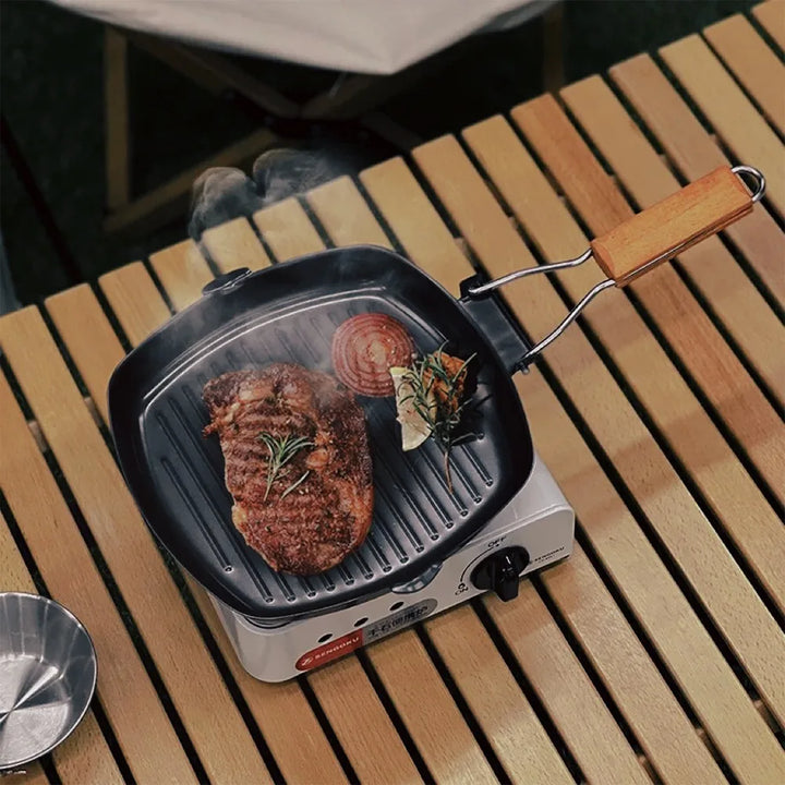 Non-stick støpejern grillpanne sammenleggbar stekepanne med trehåndtak | Skanto