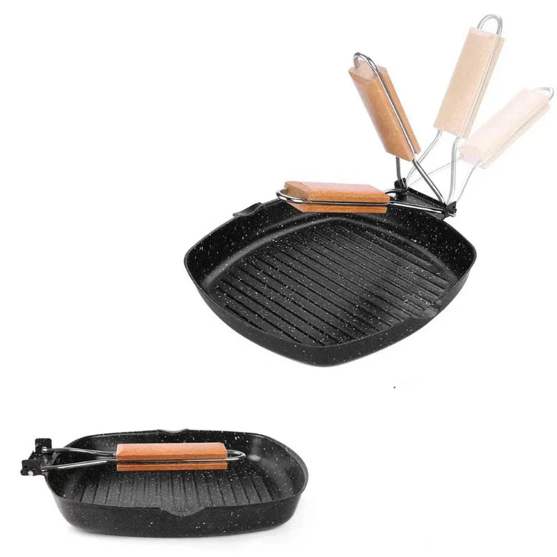 Non-stick støpejern grillpanne sammenleggbar stekepanne med trehåndtak | Skanto