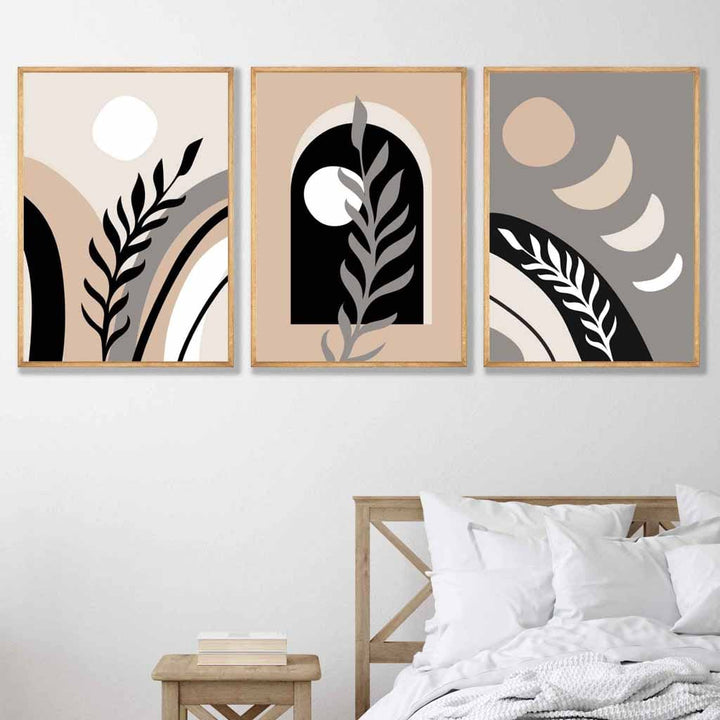 Bohemsk, abstrakt sett med 3 veggkunstverk i svart, beige og grått