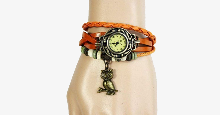 Skanto | Ugle Vintage Wrap Klokke med Boho-Chic Stil Armbånd - Vevd mansjett-stil armbåndsur for et funky utseende!