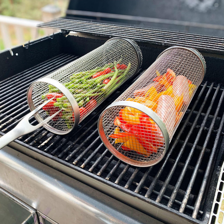 Skanto | Rustfritt Stål Rullende BBQ Grillkurv – Roterende Design for Perfekt Grillet Mat