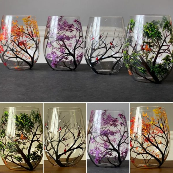 Skanto | Four Seasons Tree Wine Glasses – Håndmalt Kunst