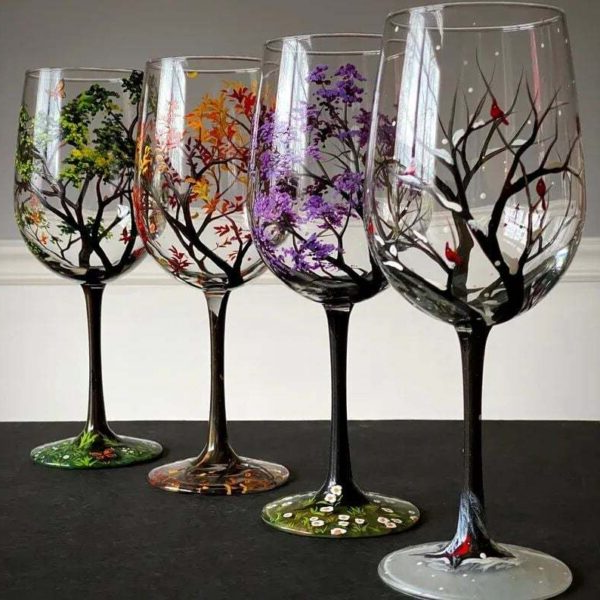 Skanto | Four Seasons Tree Wine Glasses – Håndmalt Kunst