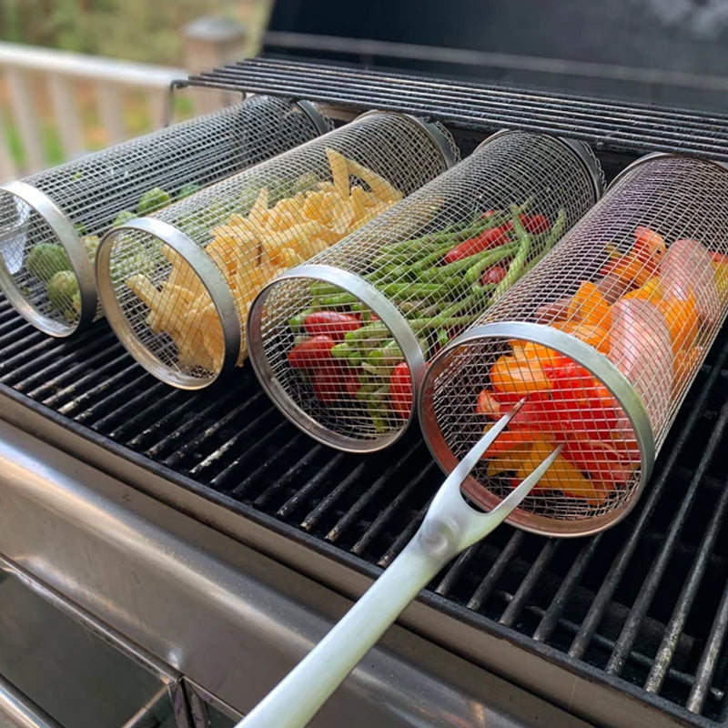 Skanto | Rustfritt Stål Rullende BBQ Grillkurv – Roterende Design for Perfekt Grillet Mat