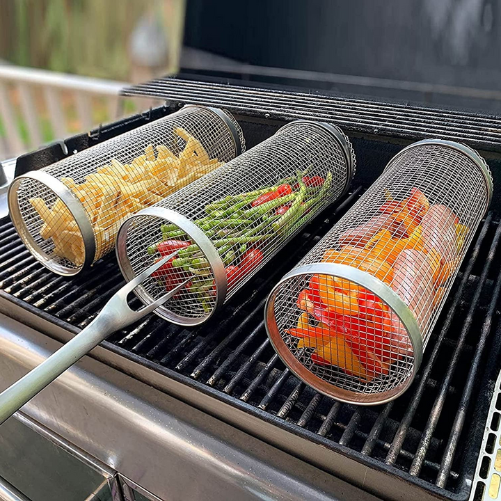 Skanto | Rustfritt Stål Rullende BBQ Grillkurv – Roterende Design for Perfekt Grillet Mat