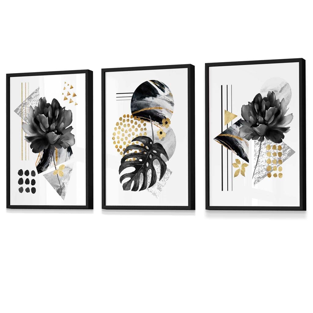 Abstrakte botaniske kunsttrykk i svart og gull / Innrammet