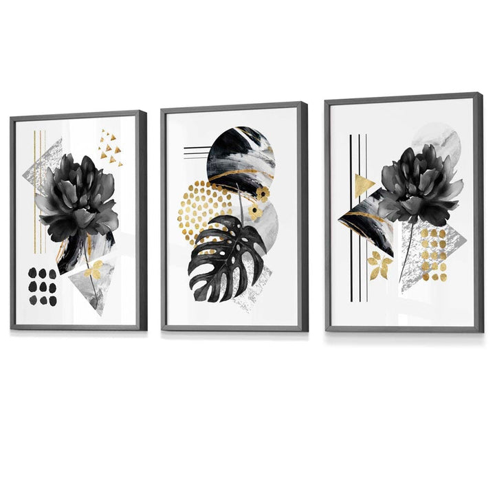 Abstrakte botaniske kunsttrykk i svart og gull / Innrammet