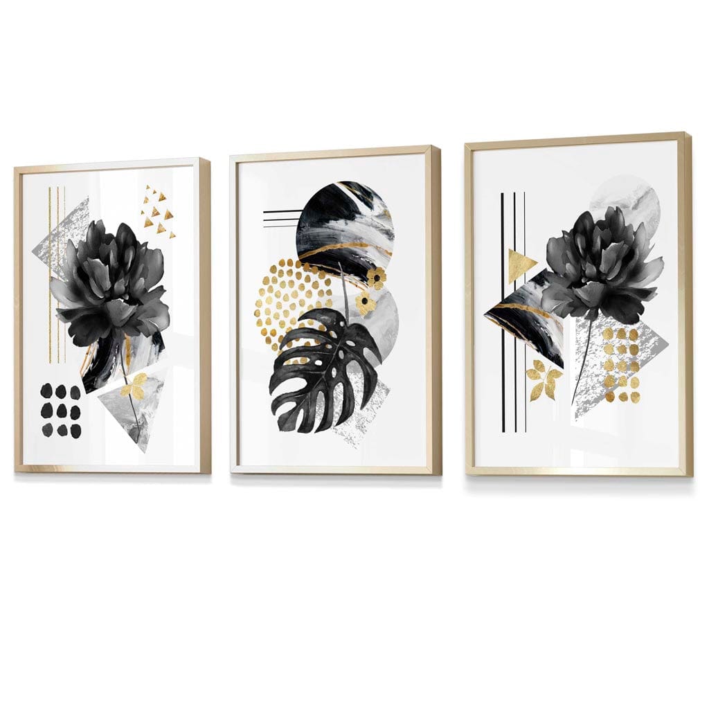 Abstrakte botaniske kunsttrykk i svart og gull / Innrammet