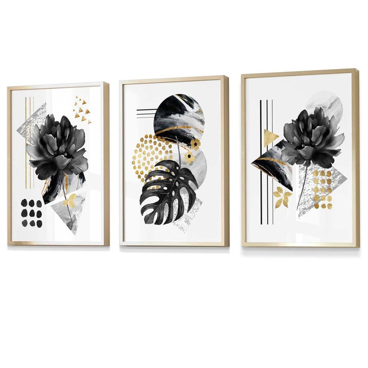 Abstrakte botaniske kunsttrykk i svart og gull / Innrammet