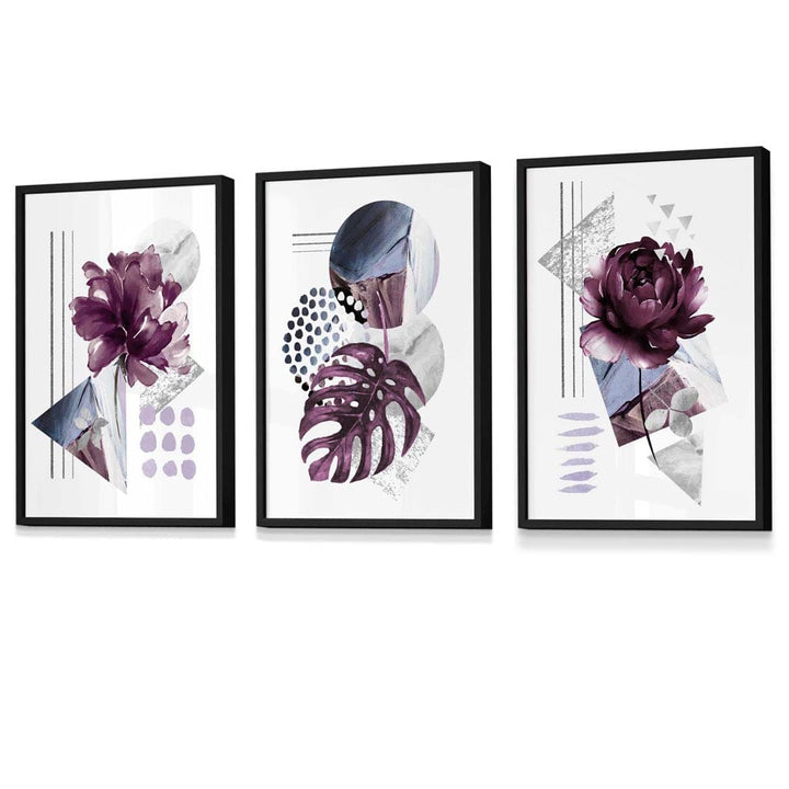 Abstrakt, lilla og sølvgrå blomsterveggkunst med rammer