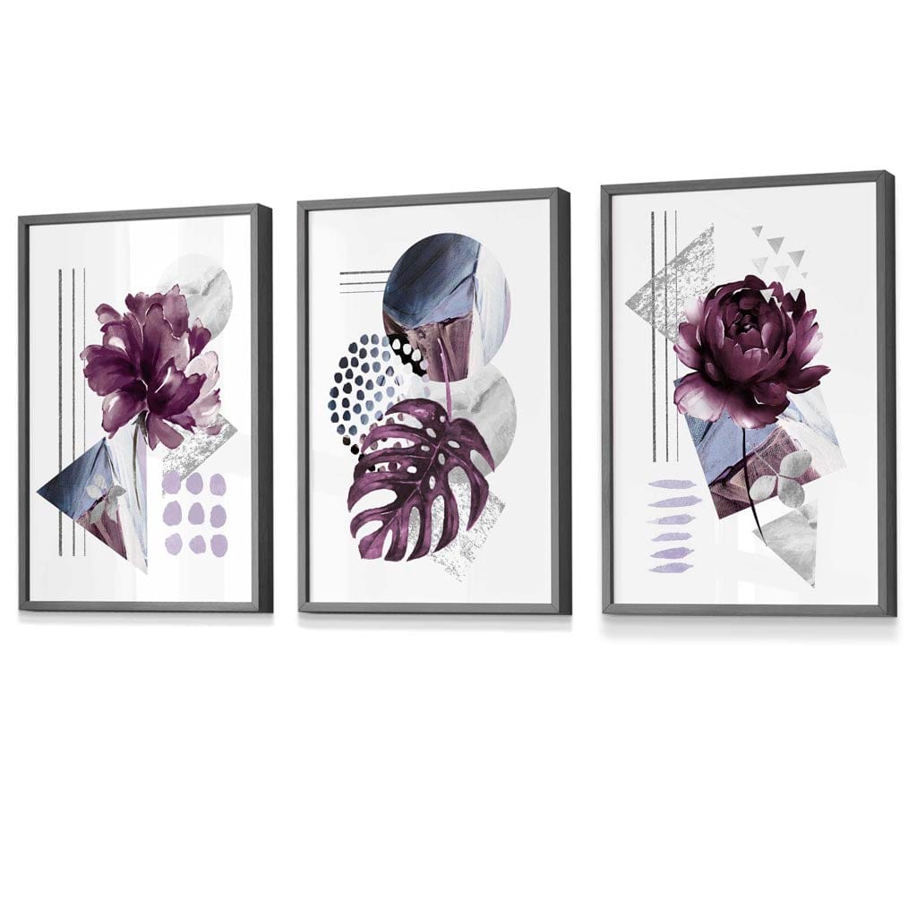 Abstrakt, lilla og sølvgrå blomsterveggkunst med rammer