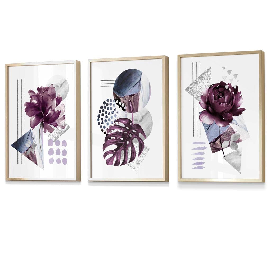 Abstrakt, lilla og sølvgrå blomsterveggkunst med rammer