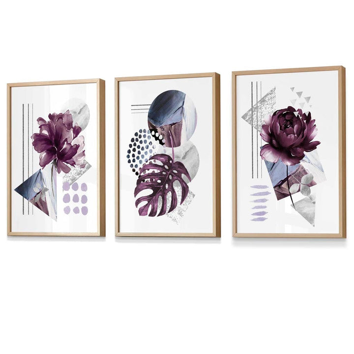 Abstrakt, lilla og sølvgrå blomsterveggkunst med rammer