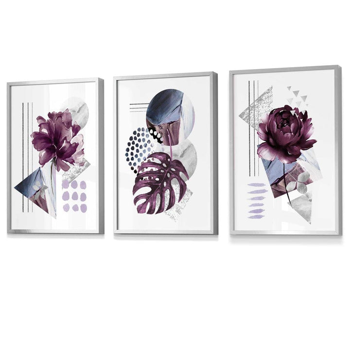 Abstrakt, lilla og sølvgrå blomsterveggkunst med rammer