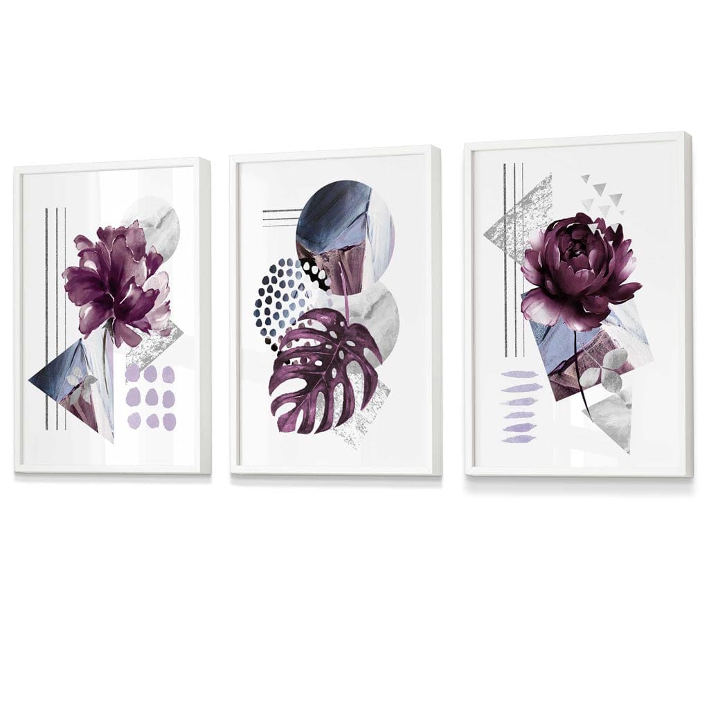 Abstrakt, lilla og sølvgrå blomsterveggkunst med rammer