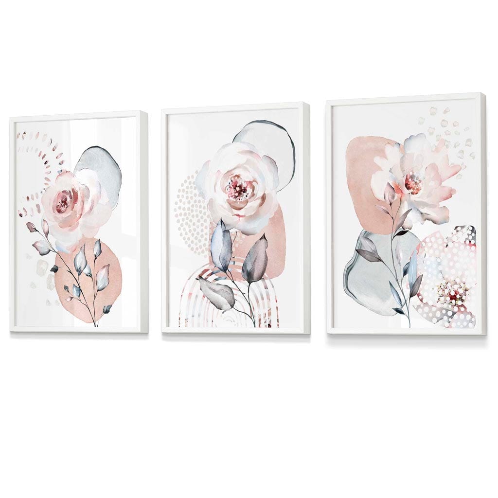 Abstrakt, rosa og grå blomsterveggkunst med rammer