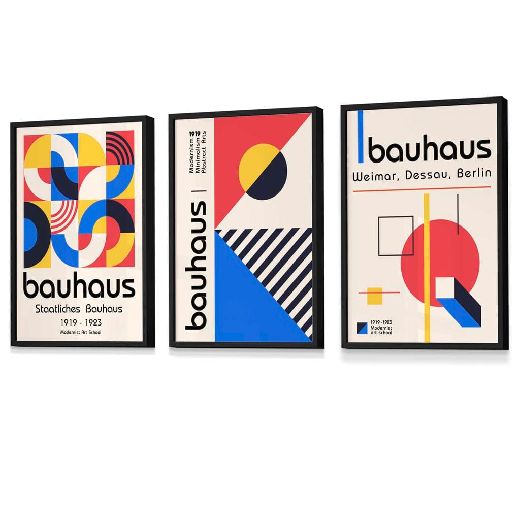 Bauhaus-mønster, rødt, blått og gult, geometrisk design, 3-delt sett med innrammede kunsttrykk