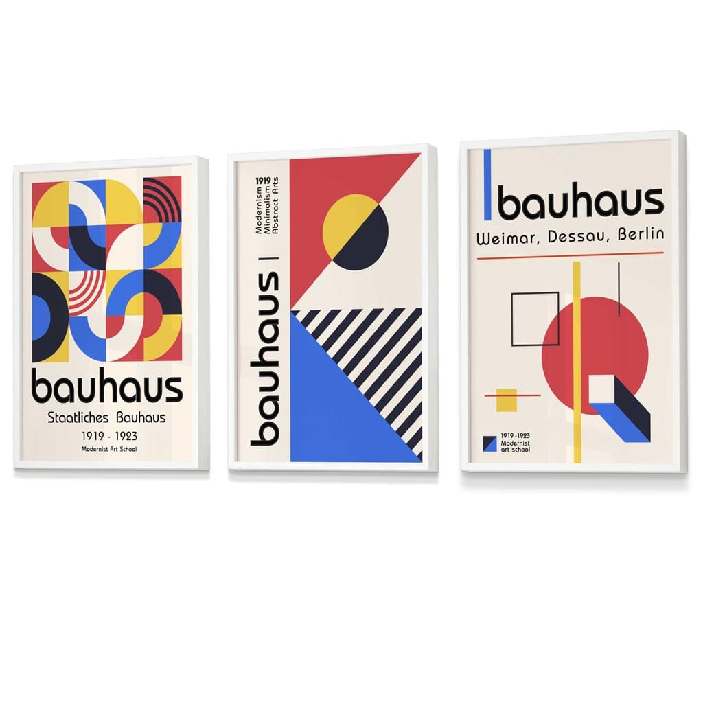 Bauhaus-mønster, rødt, blått og gult, geometrisk design, 3-delt sett med innrammede kunsttrykk