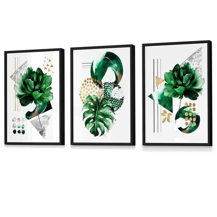 Sett med 3 innrammede veggkunstverk i grønt og gullfarget blomstermotiv