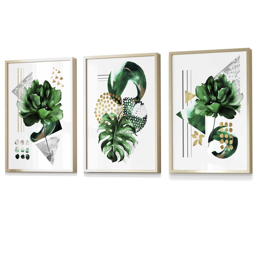 Sett med 3 innrammede veggkunstverk i grønt og gullfarget blomstermotiv