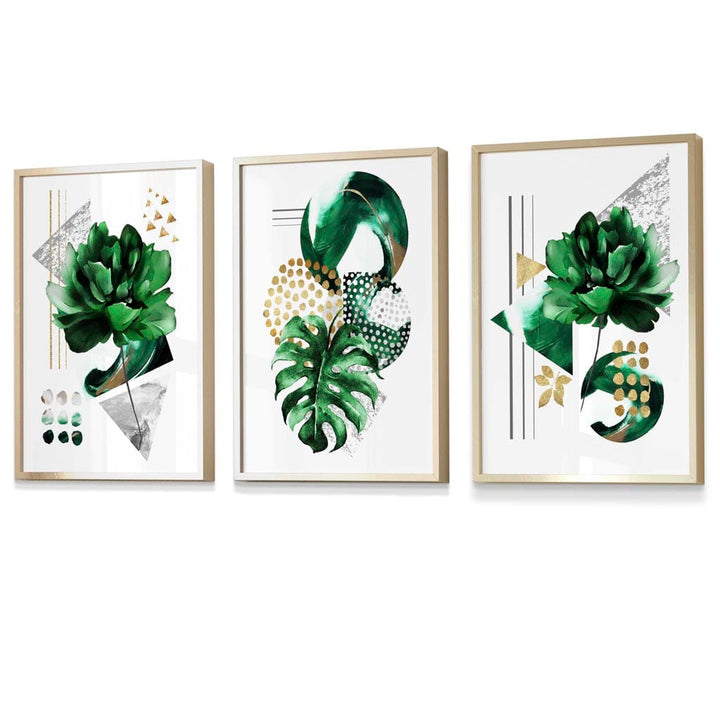 Sett med 3 innrammede veggkunstverk i grønt og gullfarget blomstermotiv