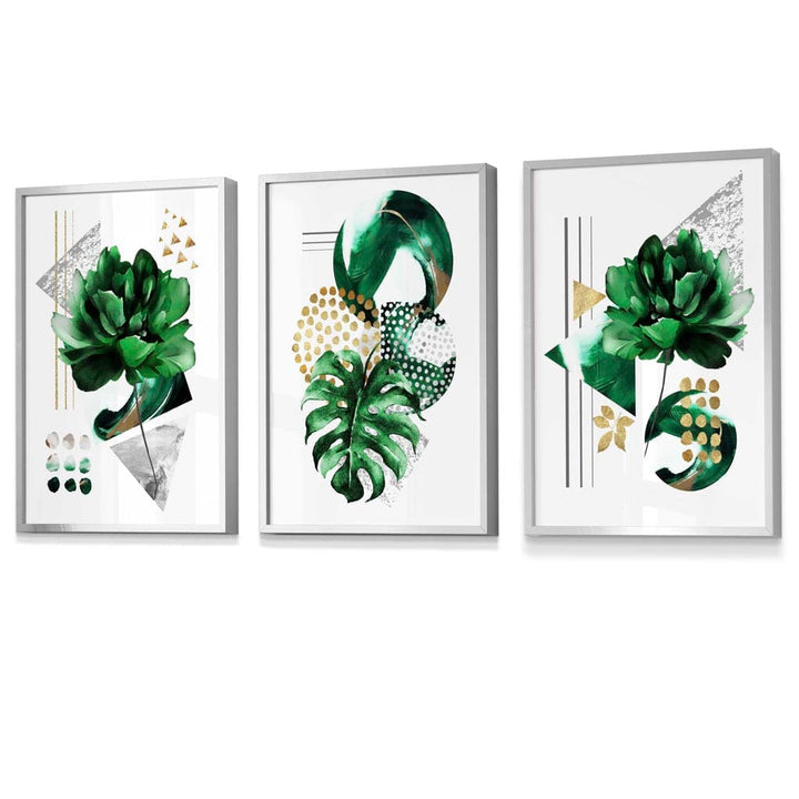 Sett med 3 innrammede veggkunstverk i grønt og gullfarget blomstermotiv