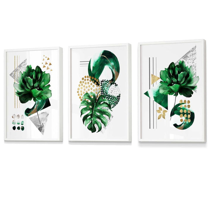 Sett med 3 innrammede veggkunstverk i grønt og gullfarget blomstermotiv