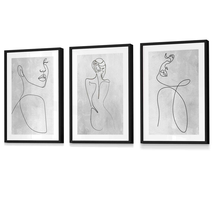 Abstrakt linjekunst kvinne grå veggkunstsett med 3 innrammede trykk