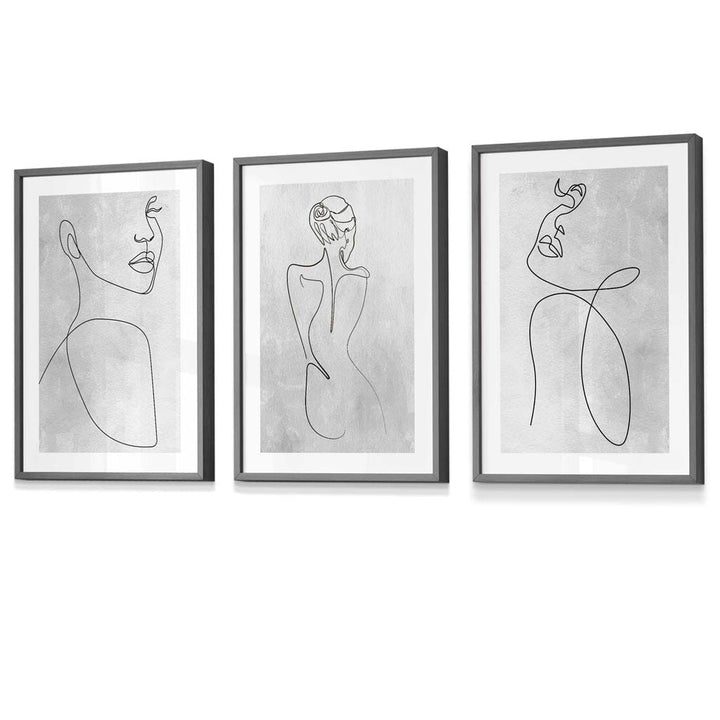 Abstrakt linjekunst kvinne grå veggkunstsett med 3 innrammede trykk