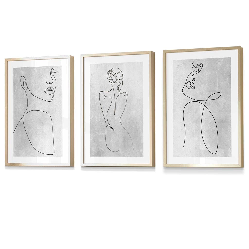 Abstrakt linjekunst kvinne grå veggkunstsett med 3 innrammede trykk